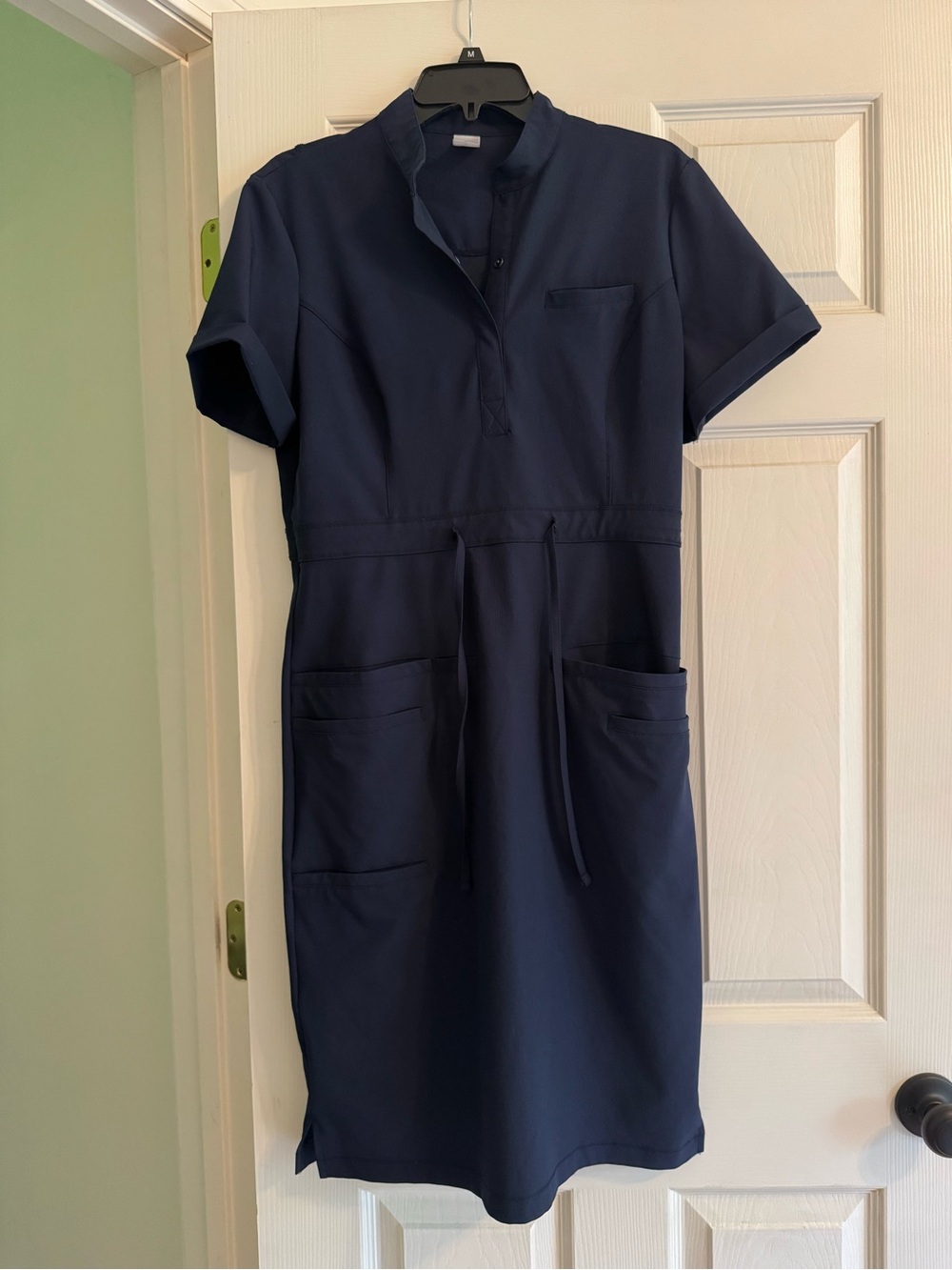 C Saucy Navy Short Sleeve Drawstring Scrub Dress
